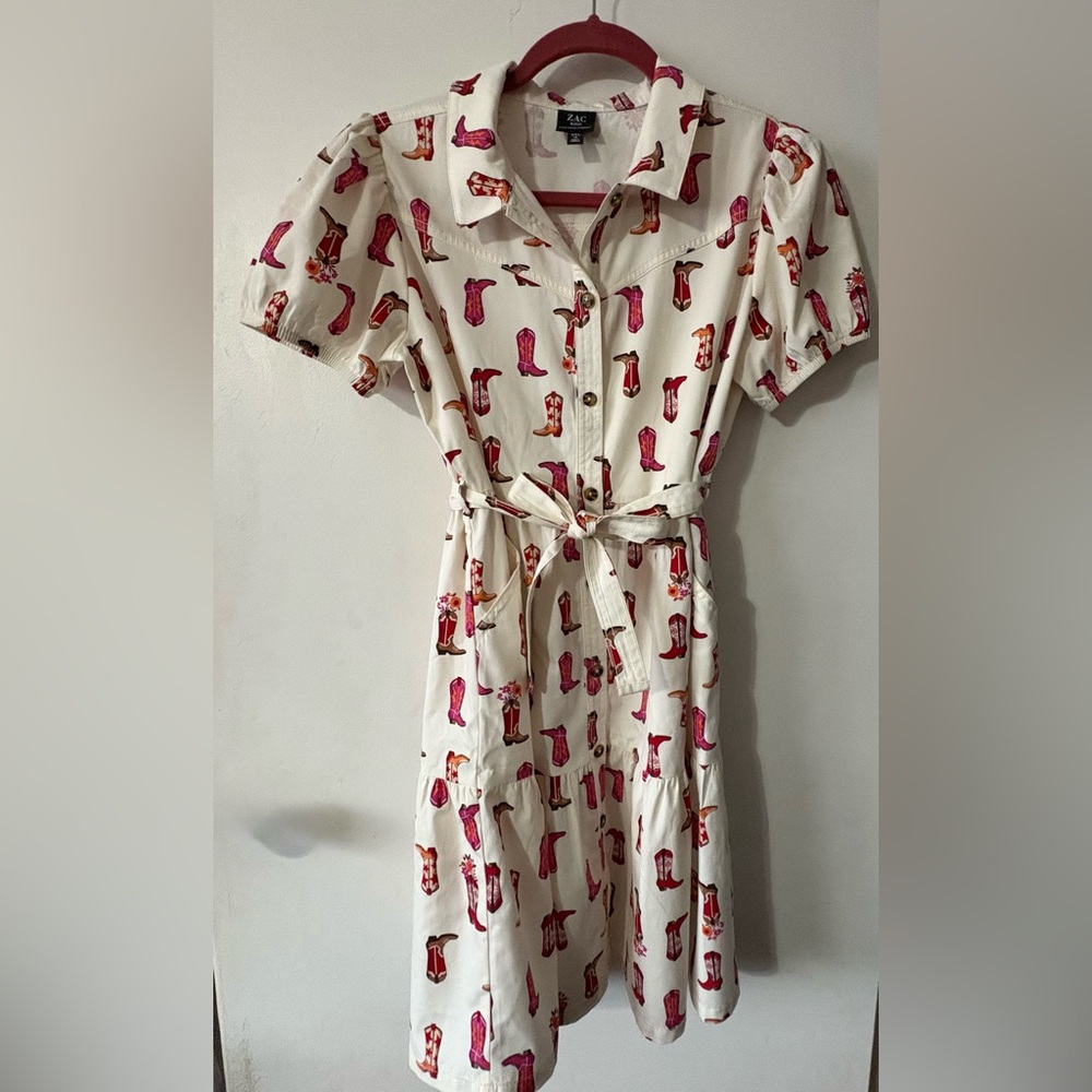 Zac Kids Cowgirl Boots Print Collar Dress with Sash Belt. Size XXL 18